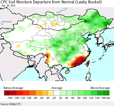 China, Mongolia and Taiwan CPC Soil Moisture Departure from Normal (Leaky Bucket) Thematic Map For 4/16/2021 - 4/20/2021