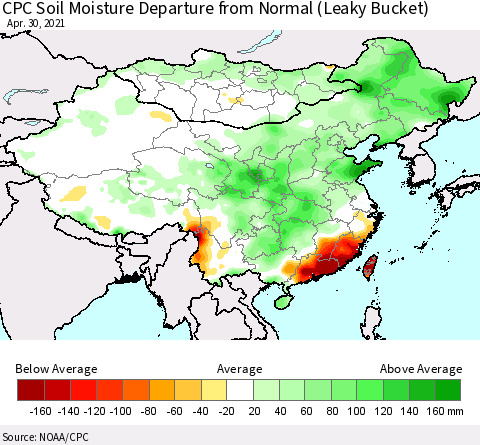 China, Mongolia and Taiwan CPC Soil Moisture Departure from Normal (Leaky Bucket) Thematic Map For 4/26/2021 - 4/30/2021