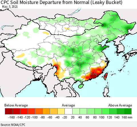China, Mongolia and Taiwan CPC Soil Moisture Departure from Normal (Leaky Bucket) Thematic Map For 5/1/2021 - 5/5/2021