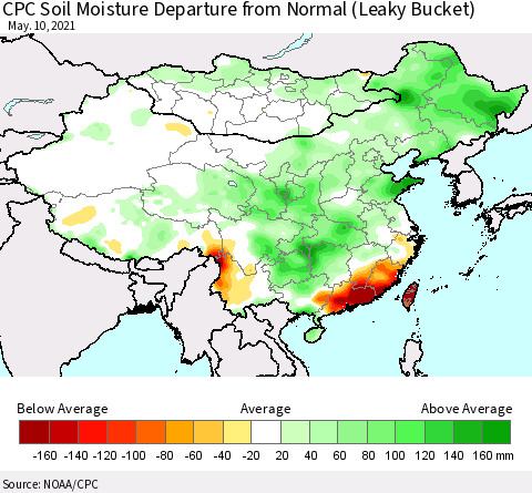 China, Mongolia and Taiwan CPC Soil Moisture Departure from Normal (Leaky Bucket) Thematic Map For 5/6/2021 - 5/10/2021