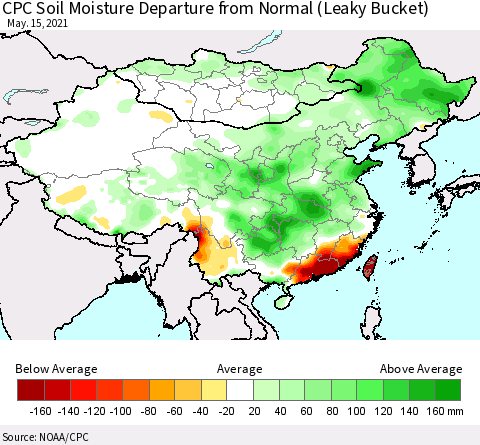 China, Mongolia and Taiwan CPC Soil Moisture Departure from Normal (Leaky Bucket) Thematic Map For 5/11/2021 - 5/15/2021