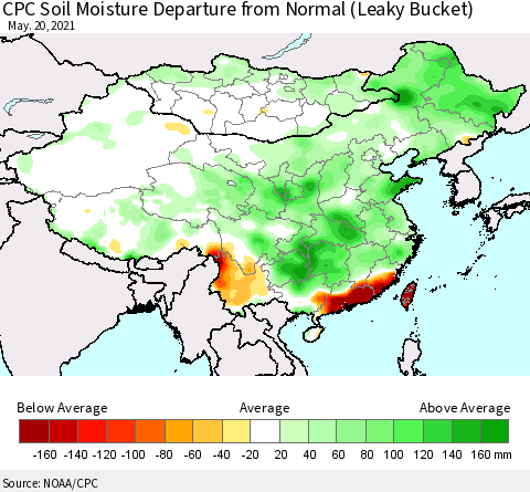 China, Mongolia and Taiwan CPC Soil Moisture Departure from Normal (Leaky Bucket) Thematic Map For 5/16/2021 - 5/20/2021