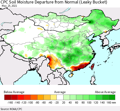 China, Mongolia and Taiwan CPC Soil Moisture Departure from Normal (Leaky Bucket) Thematic Map For 5/21/2021 - 5/25/2021