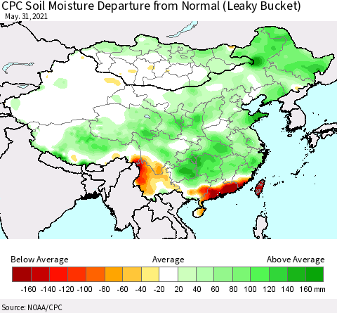 China, Mongolia and Taiwan CPC Soil Moisture Departure from Normal (Leaky Bucket) Thematic Map For 5/26/2021 - 5/31/2021