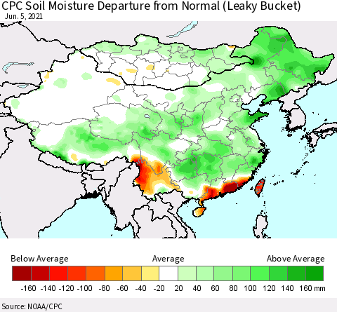 China, Mongolia and Taiwan CPC Soil Moisture Departure from Normal (Leaky Bucket) Thematic Map For 6/1/2021 - 6/5/2021