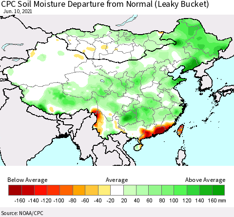 China, Mongolia and Taiwan CPC Soil Moisture Departure from Normal (Leaky Bucket) Thematic Map For 6/6/2021 - 6/10/2021