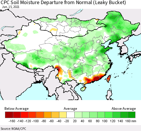 China, Mongolia and Taiwan CPC Soil Moisture Departure from Normal (Leaky Bucket) Thematic Map For 6/11/2021 - 6/15/2021