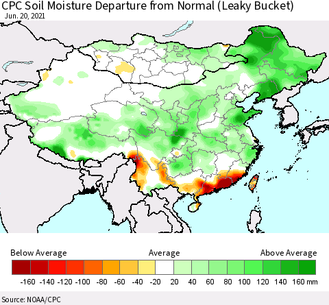 China, Mongolia and Taiwan CPC Soil Moisture Departure from Normal (Leaky Bucket) Thematic Map For 6/16/2021 - 6/20/2021