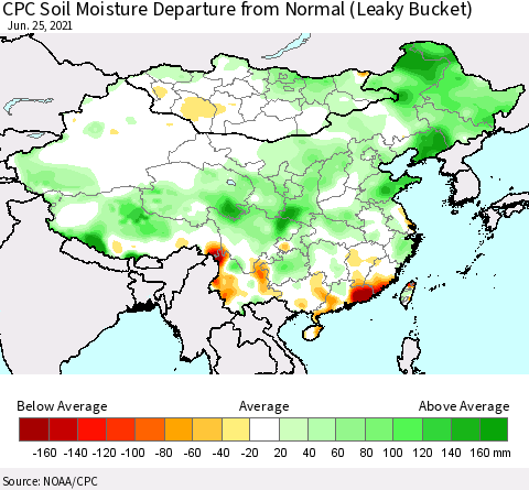 China, Mongolia and Taiwan CPC Soil Moisture Departure from Normal (Leaky Bucket) Thematic Map For 6/21/2021 - 6/25/2021