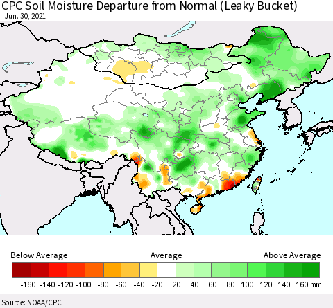 China, Mongolia and Taiwan CPC Soil Moisture Departure from Normal (Leaky Bucket) Thematic Map For 6/26/2021 - 6/30/2021