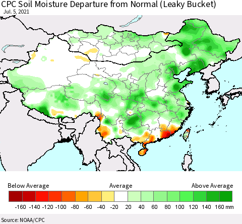 China, Mongolia and Taiwan CPC Soil Moisture Departure from Normal (Leaky Bucket) Thematic Map For 7/1/2021 - 7/5/2021