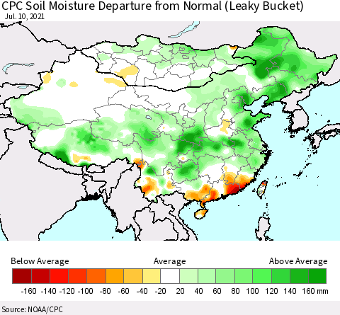 China, Mongolia and Taiwan CPC Soil Moisture Departure from Normal (Leaky Bucket) Thematic Map For 7/6/2021 - 7/10/2021