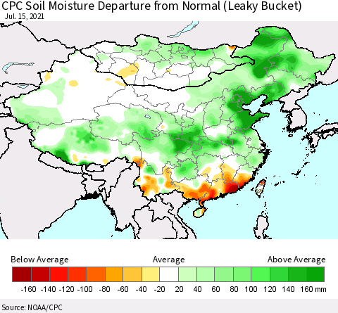 China, Mongolia and Taiwan CPC Soil Moisture Departure from Normal (Leaky Bucket) Thematic Map For 7/11/2021 - 7/15/2021