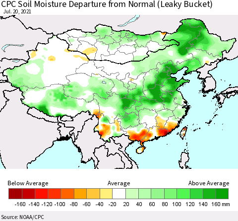 China, Mongolia and Taiwan CPC Soil Moisture Departure from Normal (Leaky Bucket) Thematic Map For 7/16/2021 - 7/20/2021