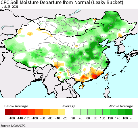 China, Mongolia and Taiwan CPC Soil Moisture Departure from Normal (Leaky Bucket) Thematic Map For 7/21/2021 - 7/25/2021
