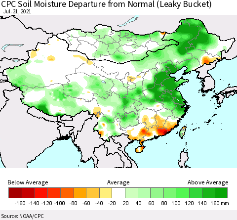 China, Mongolia and Taiwan CPC Soil Moisture Departure from Normal (Leaky Bucket) Thematic Map For 7/26/2021 - 7/31/2021