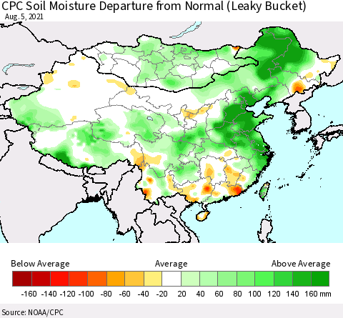 China, Mongolia and Taiwan CPC Soil Moisture Departure from Normal (Leaky Bucket) Thematic Map For 8/1/2021 - 8/5/2021