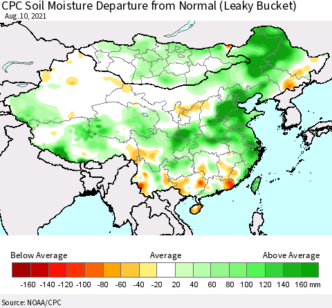 China, Mongolia and Taiwan CPC Soil Moisture Departure from Normal (Leaky Bucket) Thematic Map For 8/6/2021 - 8/10/2021
