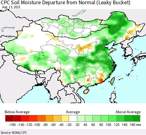 China, Mongolia and Taiwan CPC Soil Moisture Departure from Normal (Leaky Bucket) Thematic Map For 8/11/2021 - 8/15/2021