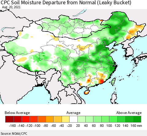 China, Mongolia and Taiwan CPC Soil Moisture Departure from Normal (Leaky Bucket) Thematic Map For 8/16/2021 - 8/20/2021