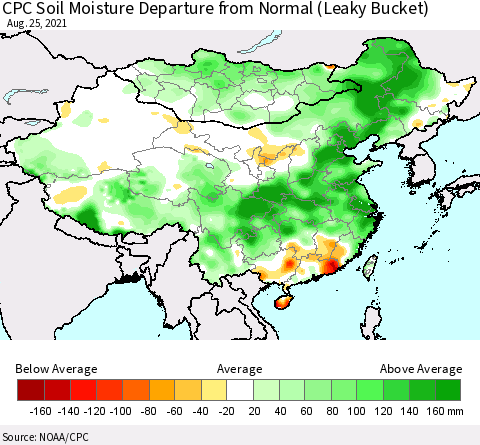 China, Mongolia and Taiwan CPC Soil Moisture Departure from Normal (Leaky Bucket) Thematic Map For 8/21/2021 - 8/25/2021