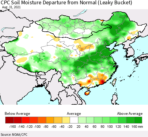 China, Mongolia and Taiwan CPC Soil Moisture Departure from Normal (Leaky Bucket) Thematic Map For 8/26/2021 - 8/31/2021