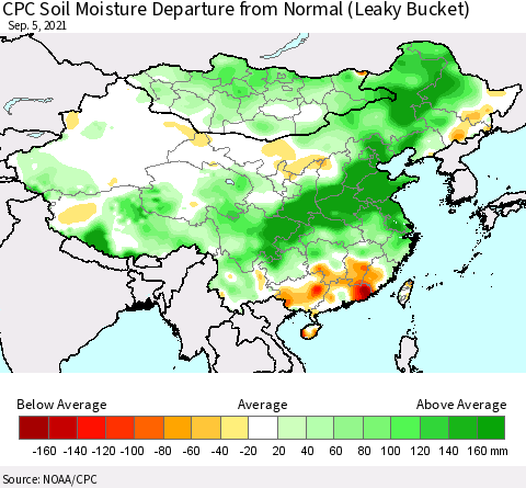 China, Mongolia and Taiwan CPC Soil Moisture Departure from Normal (Leaky Bucket) Thematic Map For 9/1/2021 - 9/5/2021