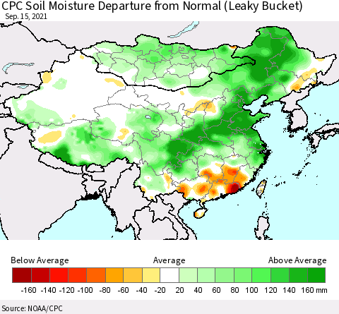 China, Mongolia and Taiwan CPC Soil Moisture Departure from Normal (Leaky Bucket) Thematic Map For 9/11/2021 - 9/15/2021