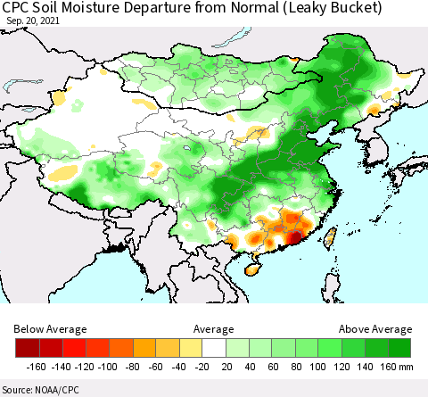 China, Mongolia and Taiwan CPC Soil Moisture Departure from Normal (Leaky Bucket) Thematic Map For 9/16/2021 - 9/20/2021