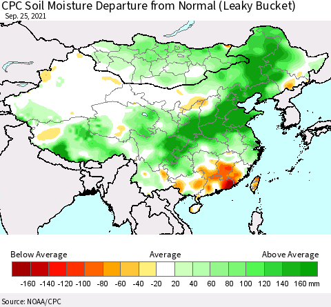 China, Mongolia and Taiwan CPC Soil Moisture Departure from Normal (Leaky Bucket) Thematic Map For 9/21/2021 - 9/25/2021