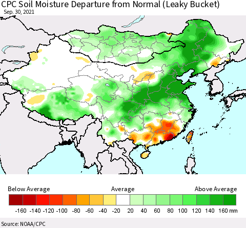 China, Mongolia and Taiwan CPC Soil Moisture Departure from Normal (Leaky Bucket) Thematic Map For 9/26/2021 - 9/30/2021