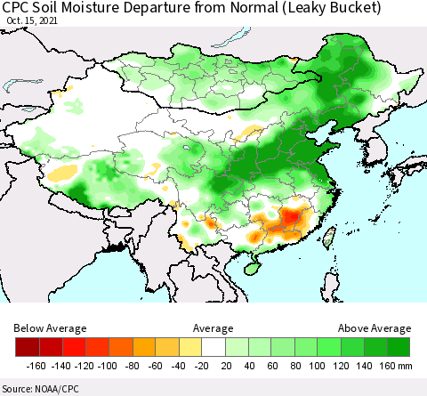 China, Mongolia and Taiwan CPC Soil Moisture Departure from Normal (Leaky Bucket) Thematic Map For 10/11/2021 - 10/15/2021