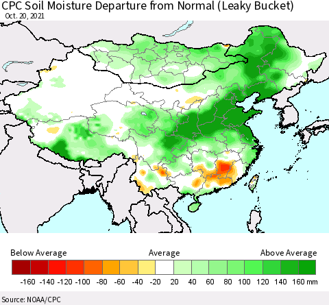 China, Mongolia and Taiwan CPC Soil Moisture Departure from Normal (Leaky Bucket) Thematic Map For 10/16/2021 - 10/20/2021