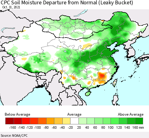 China, Mongolia and Taiwan CPC Soil Moisture Departure from Normal (Leaky Bucket) Thematic Map For 10/26/2021 - 10/31/2021