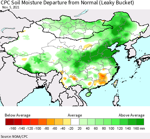 China, Mongolia and Taiwan CPC Soil Moisture Departure from Normal (Leaky Bucket) Thematic Map For 11/1/2021 - 11/5/2021