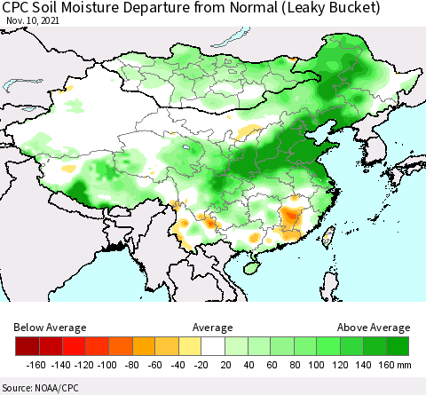 China, Mongolia and Taiwan CPC Soil Moisture Departure from Normal (Leaky Bucket) Thematic Map For 11/6/2021 - 11/10/2021