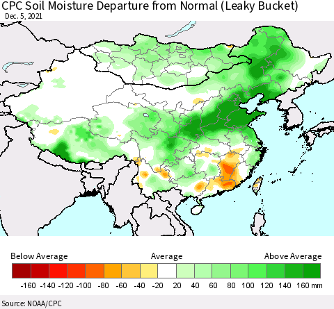 China, Mongolia and Taiwan CPC Soil Moisture Departure from Normal (Leaky Bucket) Thematic Map For 12/1/2021 - 12/5/2021