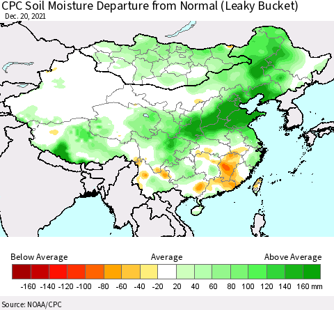 China, Mongolia and Taiwan CPC Soil Moisture Departure from Normal (Leaky Bucket) Thematic Map For 12/16/2021 - 12/20/2021
