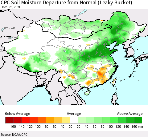 China, Mongolia and Taiwan CPC Soil Moisture Departure from Normal (Leaky Bucket) Thematic Map For 12/21/2021 - 12/25/2021