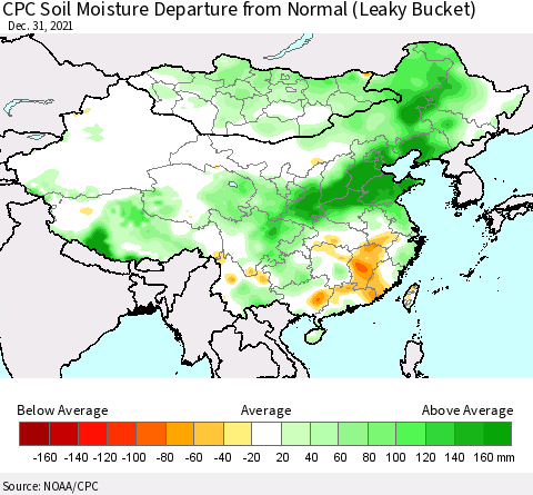 China, Mongolia and Taiwan CPC Soil Moisture Departure from Normal (Leaky Bucket) Thematic Map For 12/26/2021 - 12/31/2021