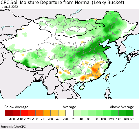 China, Mongolia and Taiwan CPC Soil Moisture Departure from Normal (Leaky Bucket) Thematic Map For 1/1/2022 - 1/5/2022