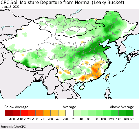 China, Mongolia and Taiwan CPC Soil Moisture Departure from Normal (Leaky Bucket) Thematic Map For 1/11/2022 - 1/15/2022