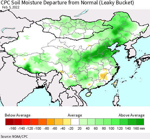 China, Mongolia and Taiwan CPC Soil Moisture Departure from Normal (Leaky Bucket) Thematic Map For 2/1/2022 - 2/5/2022