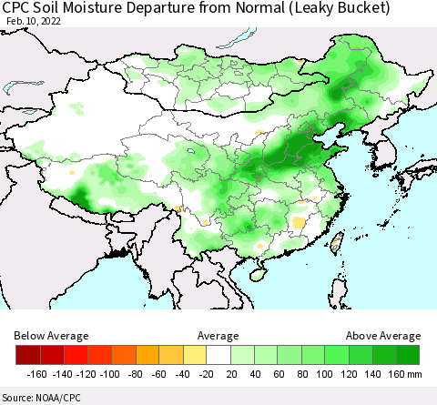 China, Mongolia and Taiwan CPC Soil Moisture Departure from Normal (Leaky Bucket) Thematic Map For 2/6/2022 - 2/10/2022