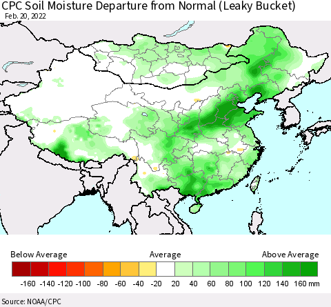 China, Mongolia and Taiwan CPC Soil Moisture Departure from Normal (Leaky Bucket) Thematic Map For 2/16/2022 - 2/20/2022