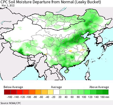 China, Mongolia and Taiwan CPC Soil Moisture Departure from Normal (Leaky Bucket) Thematic Map For 3/1/2022 - 3/5/2022