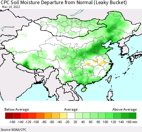 China, Mongolia and Taiwan CPC Soil Moisture Departure from Normal (Leaky Bucket) Thematic Map For 3/6/2022 - 3/10/2022