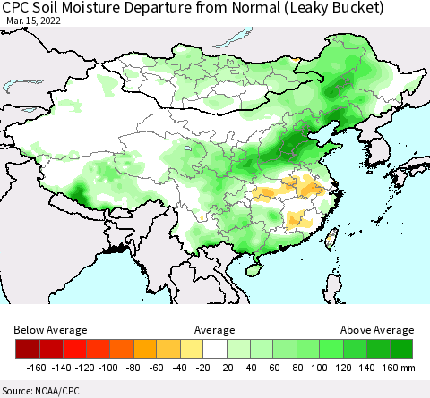 China, Mongolia and Taiwan CPC Soil Moisture Departure from Normal (Leaky Bucket) Thematic Map For 3/11/2022 - 3/15/2022