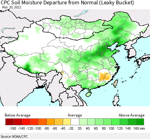 China, Mongolia and Taiwan CPC Soil Moisture Departure from Normal (Leaky Bucket) Thematic Map For 3/16/2022 - 3/20/2022