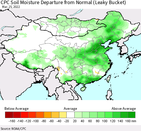 China, Mongolia and Taiwan CPC Soil Moisture Departure from Normal (Leaky Bucket) Thematic Map For 3/21/2022 - 3/25/2022